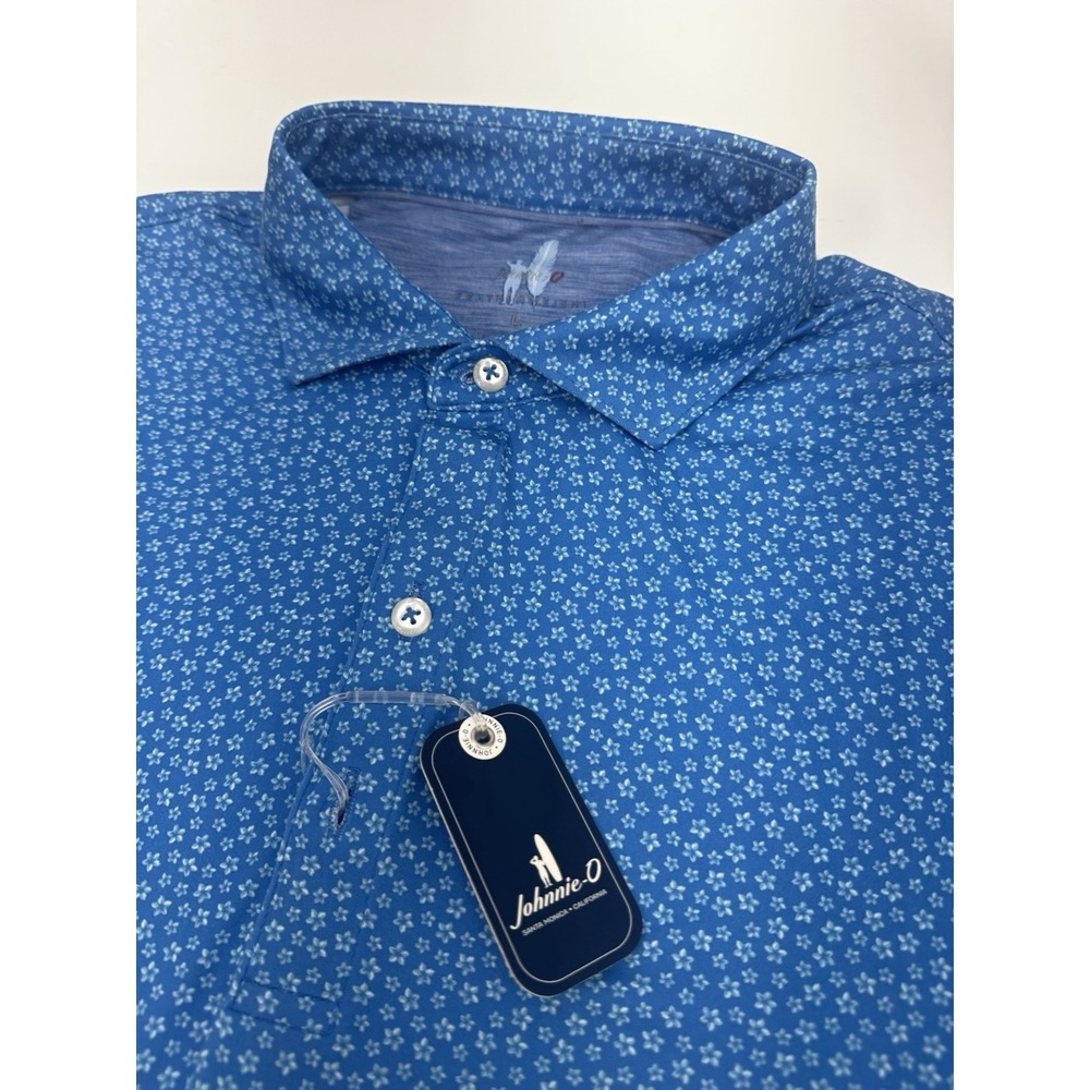 NWT Johnnie-O PLUMERIA Featherweight Star Print Golf Polo Shirt Blue LARGE $110